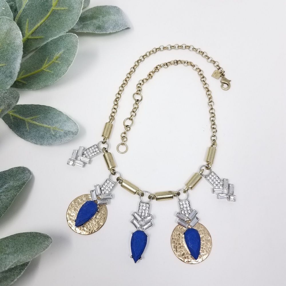 BANANA REPUBLIC Gold Semi Disc Lapis Blue Crystal Arrow Statement Necklace